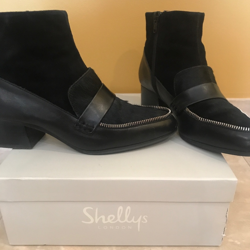 Shelly's London Black Leather & Suede Zipper Boots